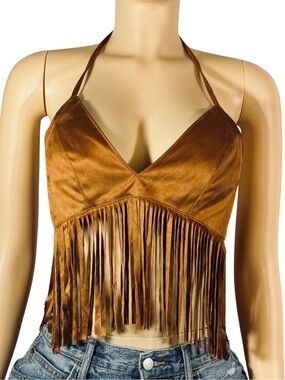 Suede-Look Brown Fringe Halter Crop Top